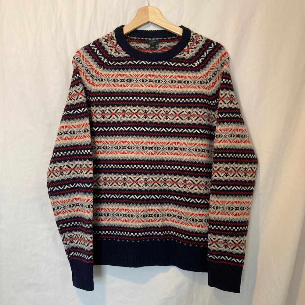 J.Crew Mens Small Wool Fair Isle Sweater Navy Red Cream Crewneck Pullover